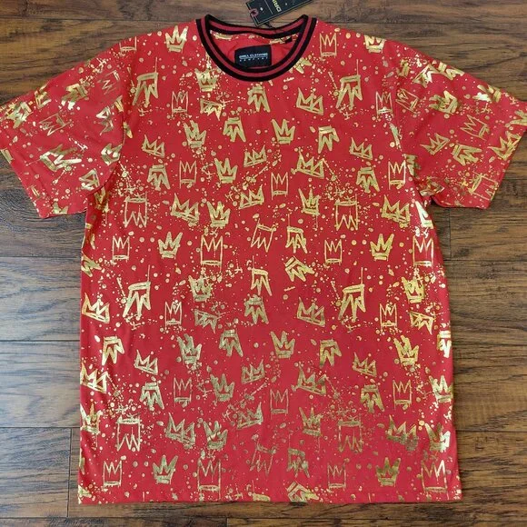 DRILL CLOTHING CO. Red Gold Foil Crown Splatter All-Over Print T-Shirt sz L NWT - Picture 1 of 5